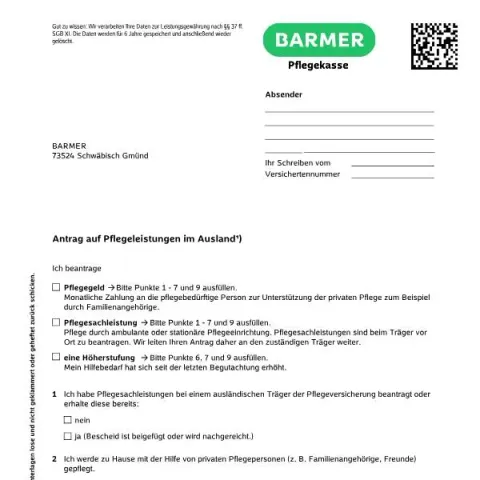 Dokumentvorschau: Antrag auf Pflegegeld im Ausland bei der BARMER — Gesundheit (44102)