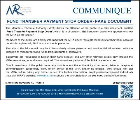 Document preview: Official Notice: Fake Fund Transfer Payment Stop Order Circulating in — Government & admin (Scam201120)