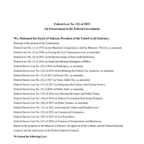 Document preview: Overview of Federal Law No 11 2023 on Procurement in UAE Federal — Government & admin (CERFA n°Federal Law No (11) of 2023)