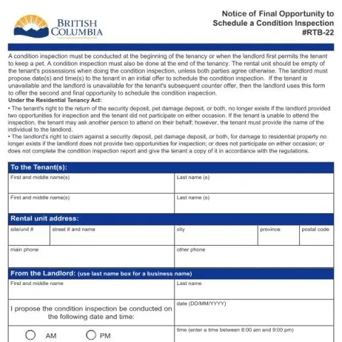 Document preview: Final Chance to Arrange a Condition Inspection in BC Rentals — Housing (RTB-22)