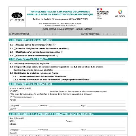 Aperçu du document Permis de commerce parallèle pour produits phytopharmaceutiques — Démarches administratives (CERFA n°15721*02)