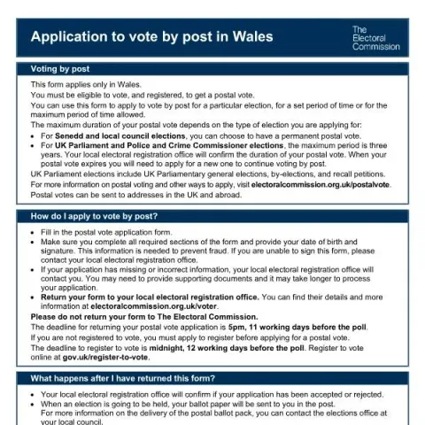 Document preview: Guide to Applying for a Postal Vote in Wales — Government & admin (PO-W)