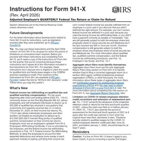 Document preview: Essential Guide to IRS Form 941-X Instructions — Taxes (CERFA n°INST-941X)