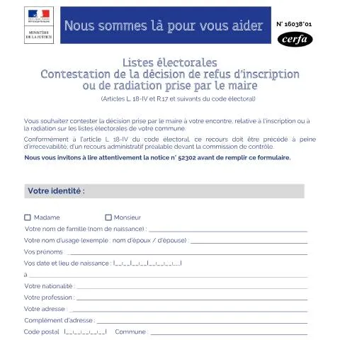 Aperçu du document Formulaire 16038*01 : procédure judiciaire contre les décisions — Démarches administratives (CERFA n°16038*01)