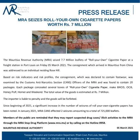 Document preview: Understanding the MRA's Seizure of Cigarette Papers Worth Rs. 7 — Government & admin (CERFA n°PressRelease050321)