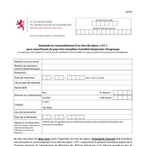 Aperçu du document Guide complet pour le renouvellement du titre de séjour travailleur — Emploi & travail (CERFA n°renouvellement-titre-transfere-ict)