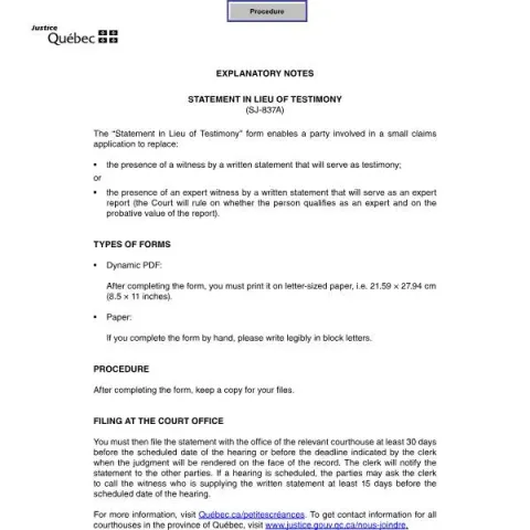 Document preview: Guide to Statement in Lieu of Testimony (Form SJ-837A) in Quebec Small — Legal & justice (SJ-837A)
