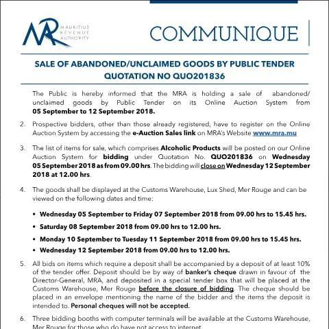 Document preview: Participate in Public Tenders for Unclaimed Goods Effectively — Government & admin (Communique36of2018)