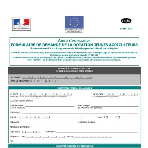 Aperçu du document Formulaire 15671*01 : demander la dotation jeunes agriculteurs — Aides & prestations sociales (CERFA n°15671*01)