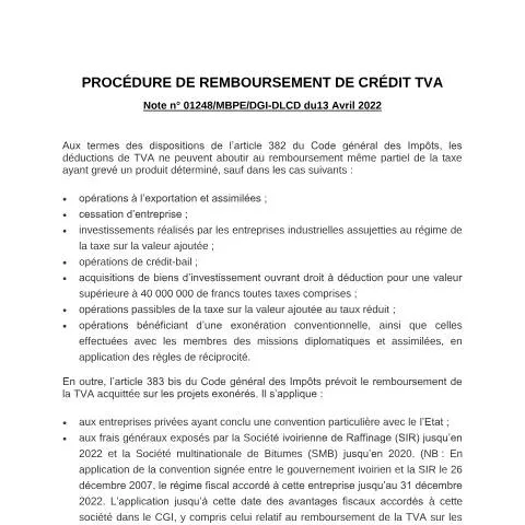 Aperçu du document Guide sur le remboursement de crédit TVA en Côte d'Ivoire — Impôts & fiscalité