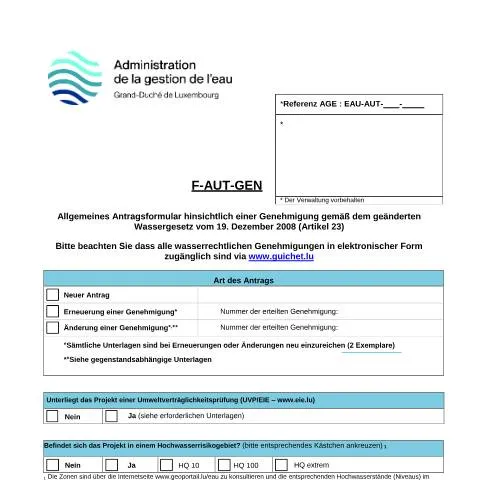 Aperçu du document Comprendre l'Allgemeine Wassergenehmigung au Luxembourg — Démarches administratives (CERFA n°02-f-aut-gen)