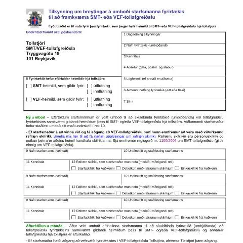 Document preview: Tilkynning um breytingar á umboði starfsmanna í tollamálum — Tollur & innflutningur