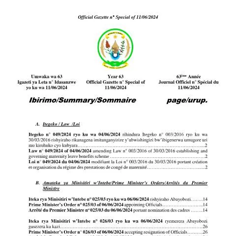 Document preview: Legal Update on Maternity Leave Benefits in Rwanda — Health (CERFA n°OG_n_Special_of_11_06_2024_Ubwishingizi_bw_ibigenerwa_umugore_uri_mu_kiruhuko_cyo_kubyara_Abayobozi_Ubutaka_1_13_46ffc38)