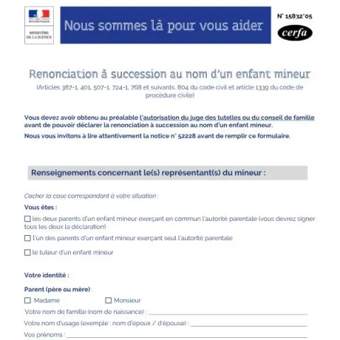 Aperçu du document Déclaration de renonciation à une succession pour un mineur — Juridique & justice (Cerfa 15832*05)