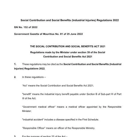 Document preview: Understanding Mauritius' 2022 Industrial Injuries Regulations and — Benefits & social aid (CERFA n°no-152-social-contribution-and-social-benefits-industrial-injuries-regulations-2022_1)