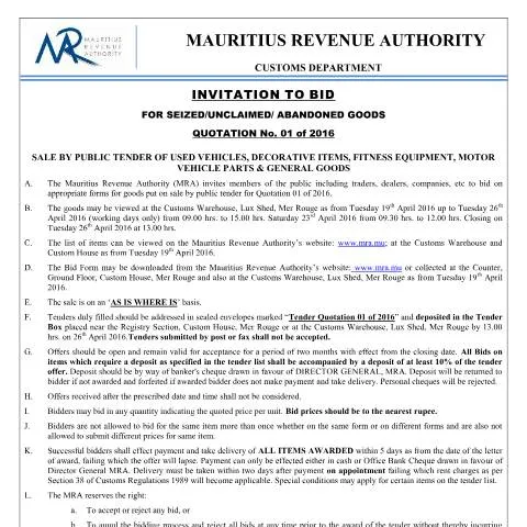 Document preview: Explore the Opportunities in Invitation to Bid: Quotation No. 1 of — Government & admin (InvitationTobid01of2016)
