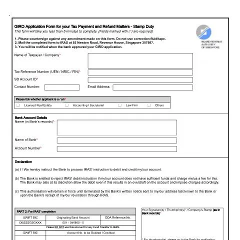 Document preview: Singapore Stamp Duty GIRO Application Form Overview — Taxes (CERFA n°GIRO_SD_APPLICATION_FORM)