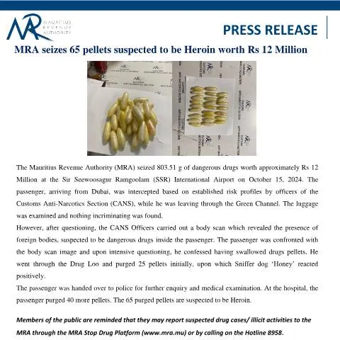 Document preview: MRA's Major Drug Seizure at Airport: 65 Pellets of Suspected Heroin — Government & admin (PressRelease161024)