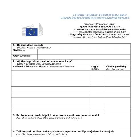 Document preview: Ajutise impordi tollideklaratsiooni tähtsus Euroopa Liidus — Toll ja impordi-ekspordi (CERFA n°EUROOPA LIIT AJUTINE IMPORT)