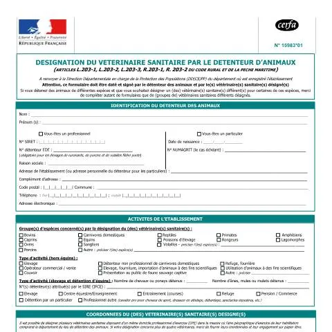 Aperçu du document Comment désigner votre vétérinaire sanitaire avec le formulaire 15983 — Démarches administratives (CERFA n°15983)