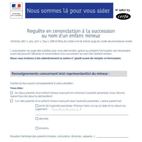 Aperçu du document Procédure de renonciation à une succession pour un mineur — Juridique & justice (Cerfa 15811*03)
