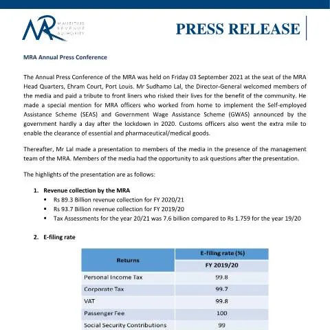 Document preview: Highlights from the MRA Annual Press Conference 2021 — Government & admin (PressRelease030921)