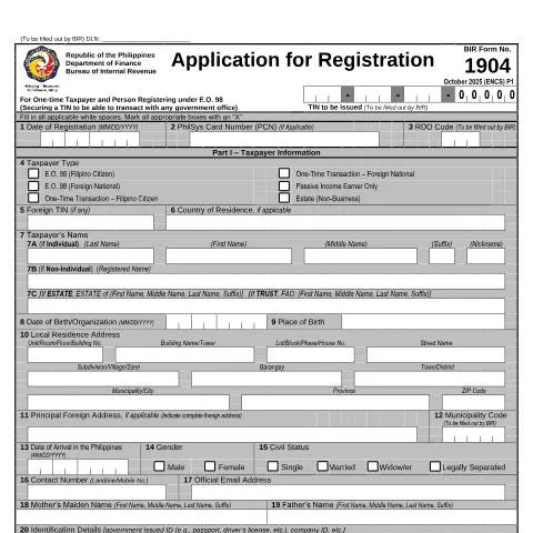 Document preview: Understanding BIR Form No 1904: Application for Taxpayer Registration — Taxes (CERFA n°1904)