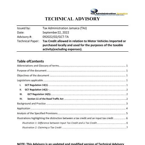 Document preview: Understanding Tax Credits for Motor Vehicles in Jamaica — Taxes (CERFA n°Tax+Bulletin-Tax+Credit+on+Motor+Vehicle+22092022)