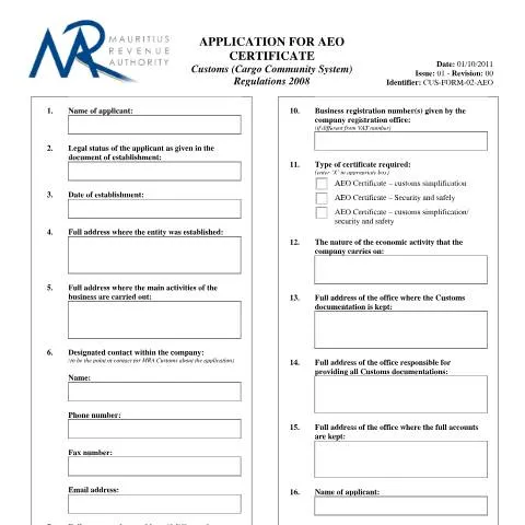 Document preview: Complete Your AEO Application Form for Seamless Trade — Government & admin (CERFA n°AEOApplicationForm)