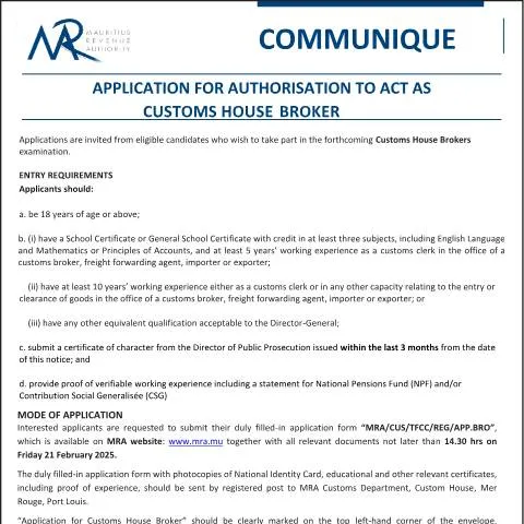Document preview: Mauritius Customs House Broker Application Guide — Government & admin (Communique-CustomsHouseBrokers)