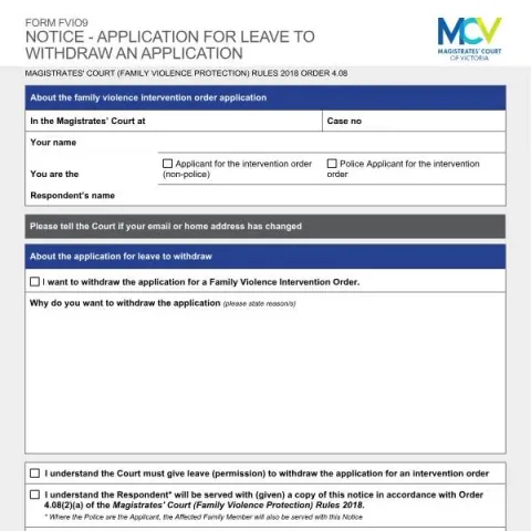 Document preview: Notice for Leave to Withdraw Family Violence Intervention Order — Legal & justice (FVIO9)