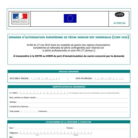 Aperçu du document Demande d'autorisation européenne pêche démersale Manche orientale — Démarches administratives (CERFA n°15933*04)