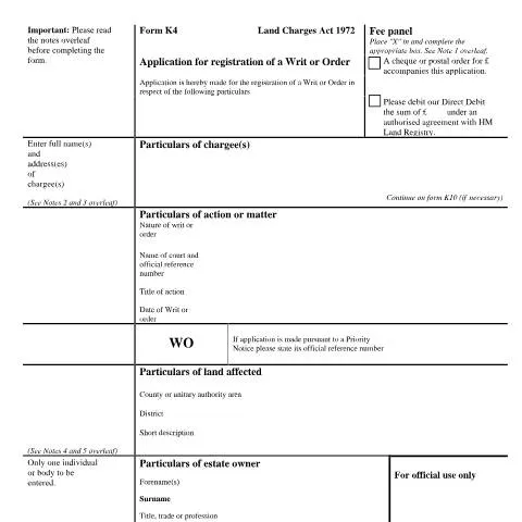 Document preview: Navigating Form K4 for Writ or Order Registration — Government & admin