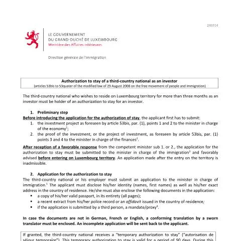Aperçu du document Guide sur l'Autorisation de Séjour pour Investisseurs Tiers — Entreprise & professionnels (CERFA n°note-explicative-investisseur)