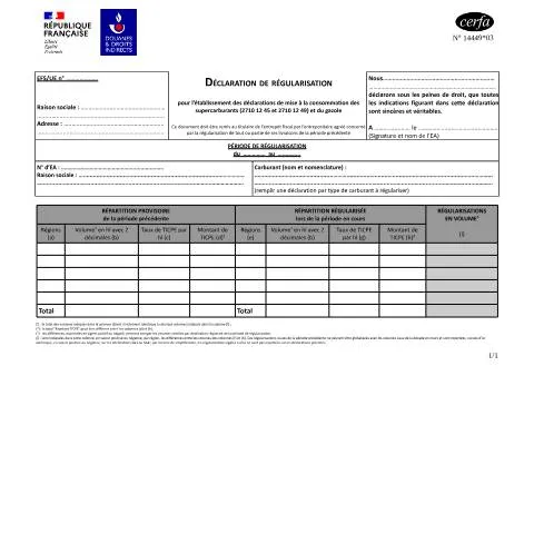 Aperçu du document Régularisation fiscale des carburants : formulaire 14449*03 — Impôts & fiscalité (CERFA n°14449*03)