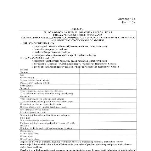 Document preview: Obrazac 16a: Važnost i svrha za strance — Administrativni postupci (CERFA n°Obrazac-prijave-i-odjave-smjestaja-borav)