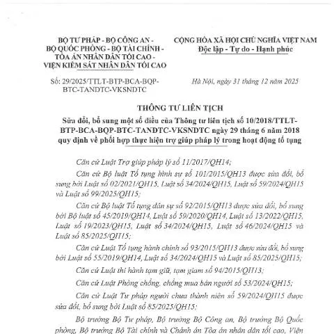 Document preview: Sửa đổi Thông tư 10/2018: Nâng cao hiệu quả trợ giúp pháp lý — Thuế & tài chính (CERFA n°29/2025/TTLT-BTP-BCA-BQP-BTC-TANDTC-VKSNDTC)