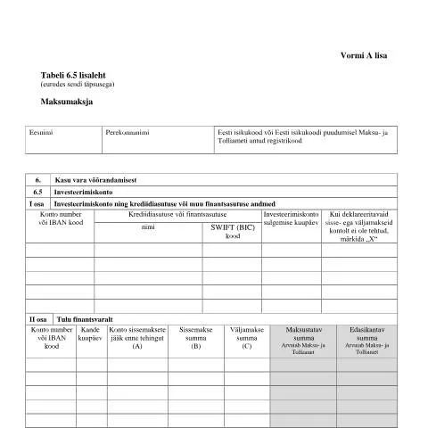 Document preview: Tabeli lisa 6.5 lisaleht: Maksu- ja Tolliametile esitatav dokument — Maksud ja maksustamine (CERFA n°VORM A TABEL 6.5 LISALEHT)