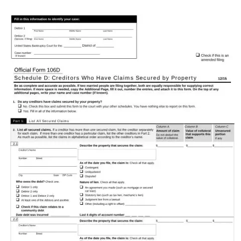 Document preview: Understanding Schedule D: Creditors with Secured Claims in Bankruptcy — Legal & justice (Official Form 106D)