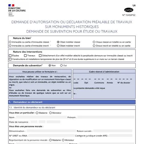 Aperçu du document Autorisation travaux monuments historiques : démarches 15459*02 — Démarches administratives (CERFA n°15459*02)