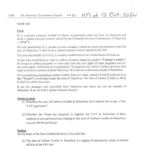 Document preview: VATR 118: Essential Insights for Carbon Trading in Mauritius — Taxes (CERFA n°VATR118)