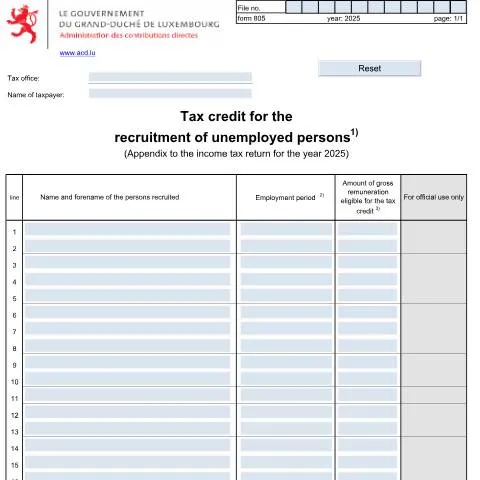 Aperçu du document Formulaire 805 E : Soutien à l'embauche des chômeurs — Impôts & fiscalité (CERFA n°805 E)