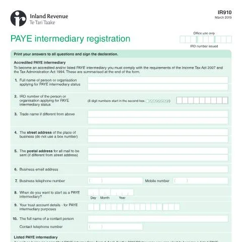 Document preview: Navigating the IR910 Form for PAYE Intermediary Registration — Work & employment (CERFA n°IR910)