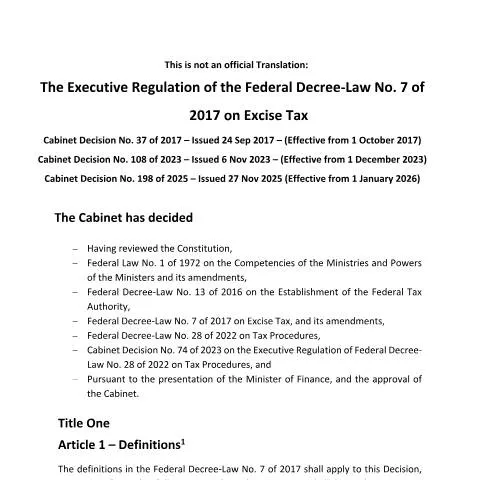 Document preview: Understanding the Executive Regulation of UAE Excise Tax: Key Insights — Taxes (CERFA n°Cabinet Decision No (37) of 2017)