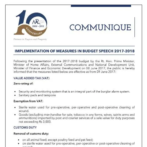 Document preview: Understanding the 2017-2018 Budgetary Measures in Mauritius — Government & admin (BudgetaryMeasures2017)