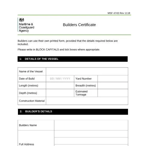 Document preview: Understanding the Builder's Certificate MSF 4743 for UK Vessels — Education & training