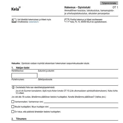 Document preview: Opintotuki opiskelijoille: Tuen merkitys ja edut — Hallinnolliset asiat (CERFA n°Kela OT 1)