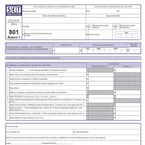 Vista previa del documento Instrucciones para completar el Formulario 801 Rubro 7 en Paraguay — Impuestos (CERFA n°F801)