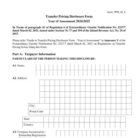 Document preview: Essential Guide to the Transfer Pricing Disclosure Form in Sri Lanka — Taxes (CERFA n°Asmt_TPDF_01_2024)