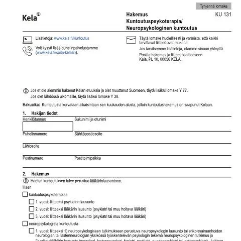 Document preview: Kuntoutuspsykoterapia ja Neuropsykologinen Kuntoutus Suomessa — Terveys (CERFA n°Kela KU 131)